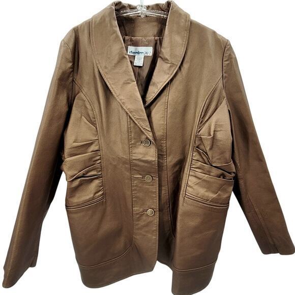 Denim 24/7 Vintage Metallic Tan Leather 3 Button Lined‎ Size 22W Jacket - Picture 1 of 15
